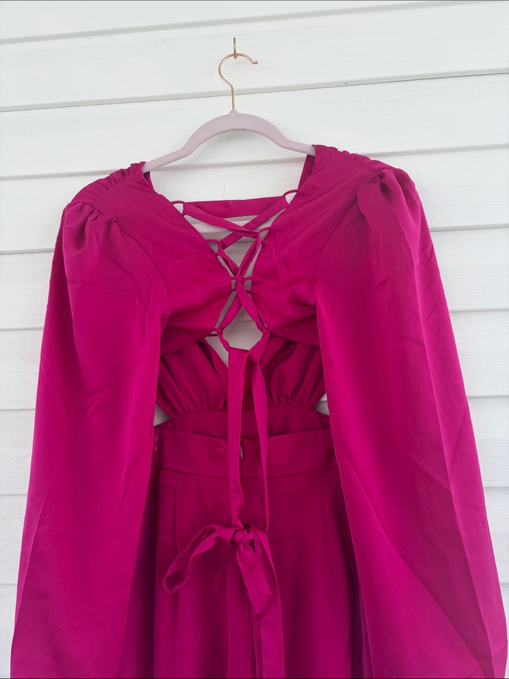 NWT AKIRA Hot Pink Satin Jumpsuit with Lace-Up Back Glam Wide Leg Statement - Picture 12 of 16